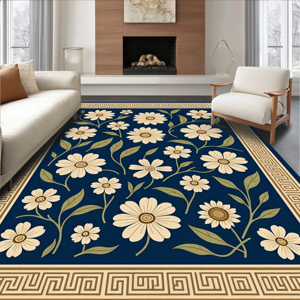 Cream Daisy Navy Botanical Border Rug
