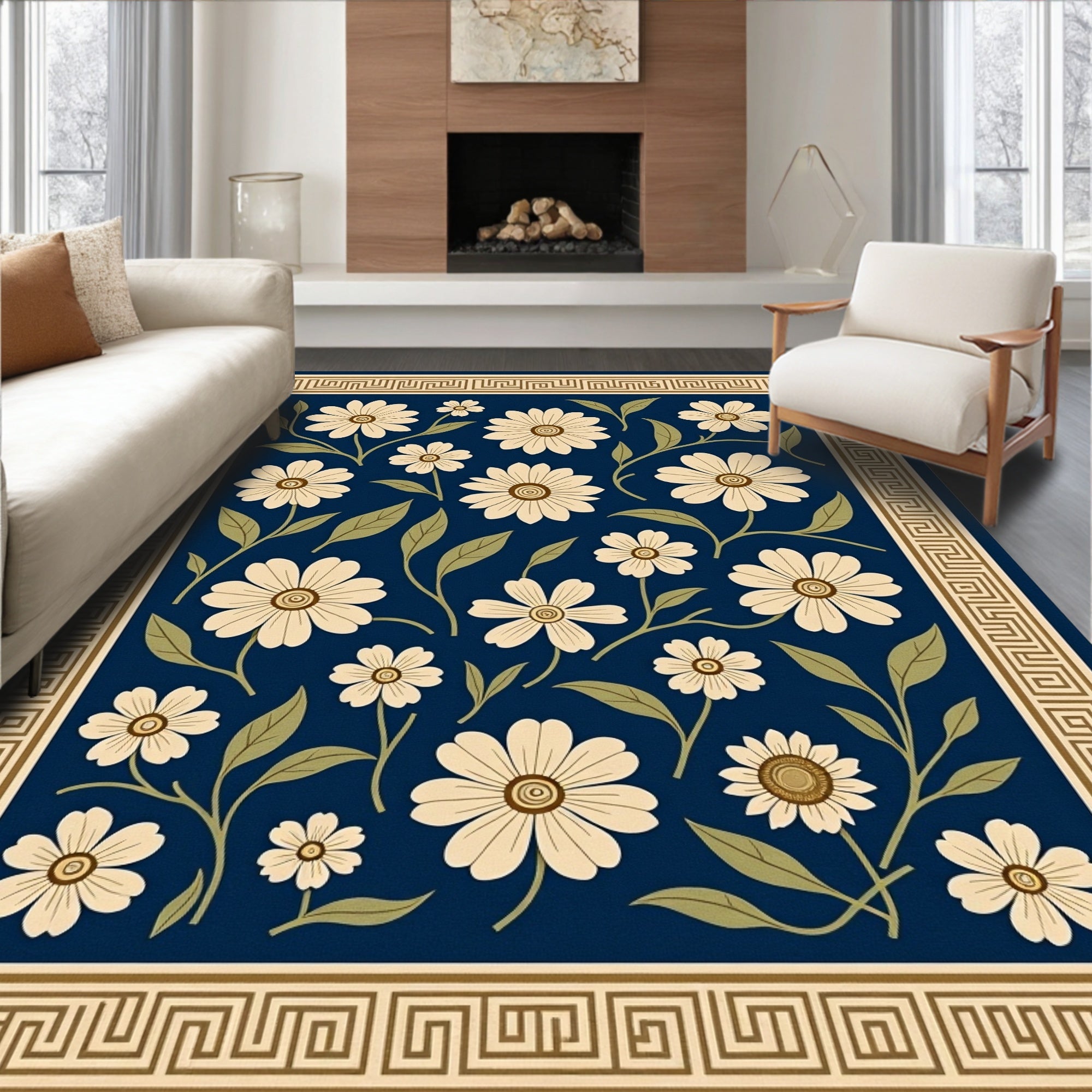 Cream Daisy Navy Botanical Border Rug