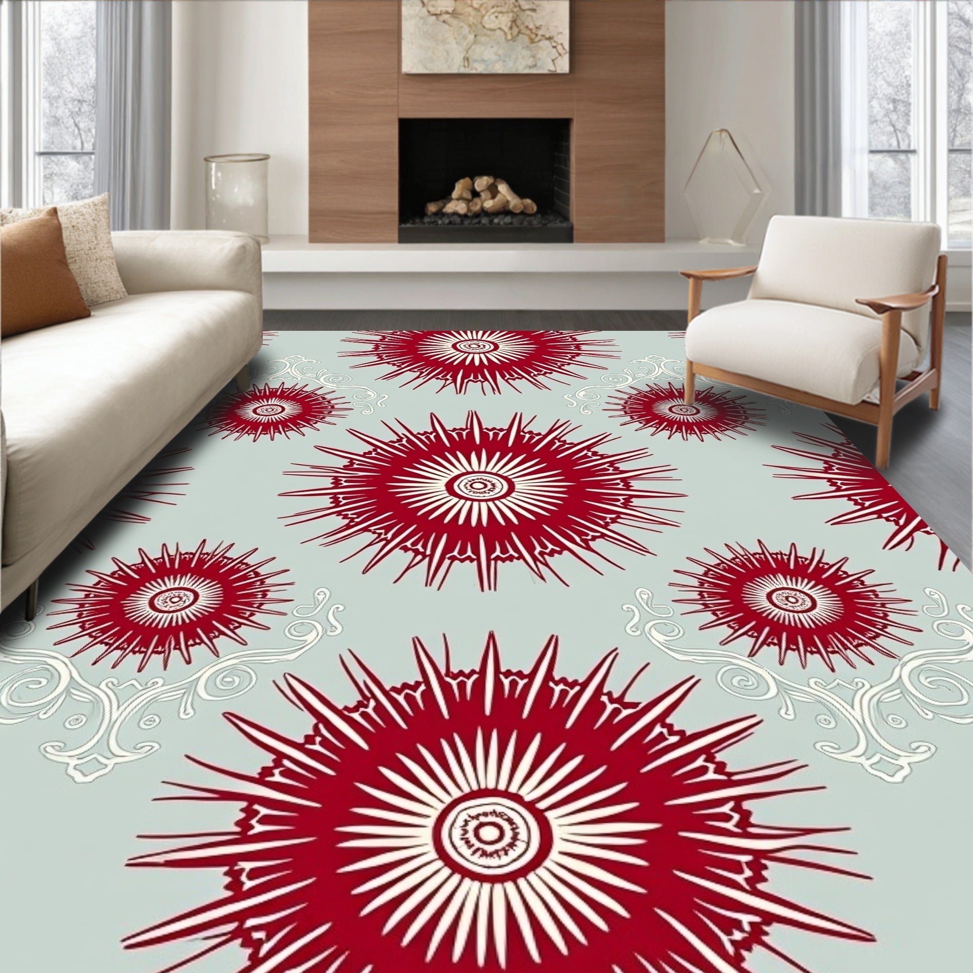 Crimson Starburst Scroll Art Rug