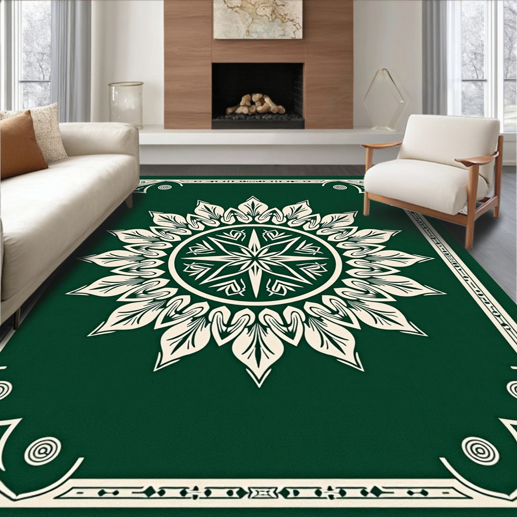 Emerald Green Floral Mandala Frame Rug