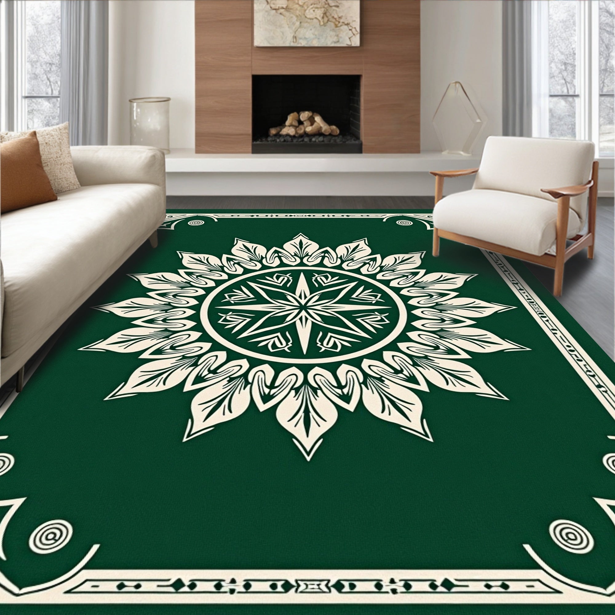 Emerald Green Floral Mandala Frame Rug