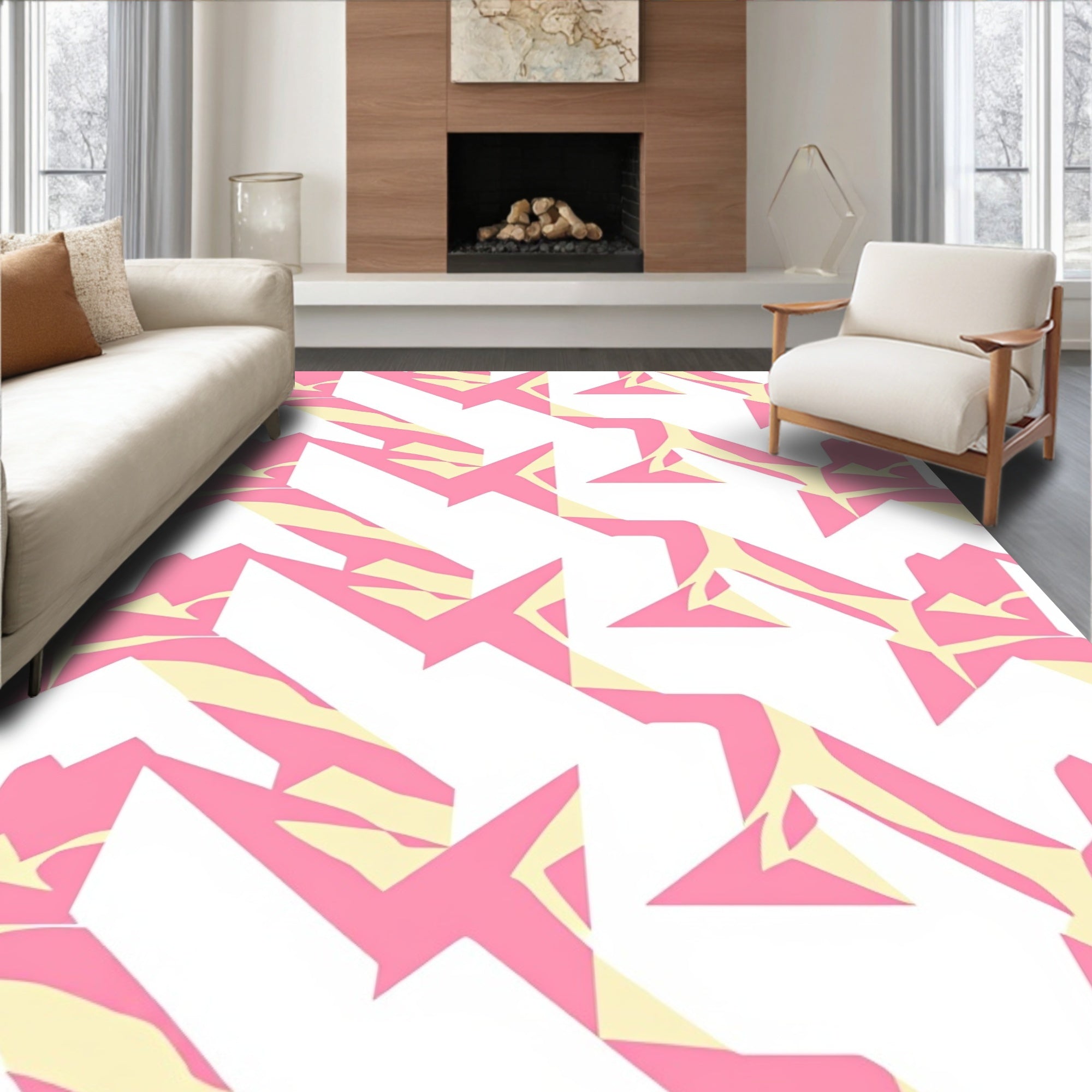 Pink Yellow Abstract Geometric Jagged Rug