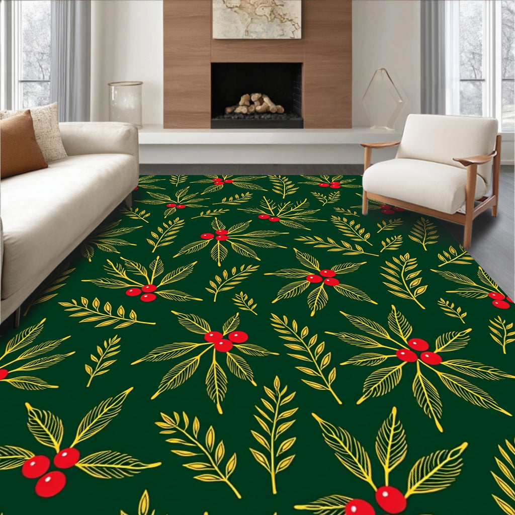 Emerald Green Holly Berry Branches Rug