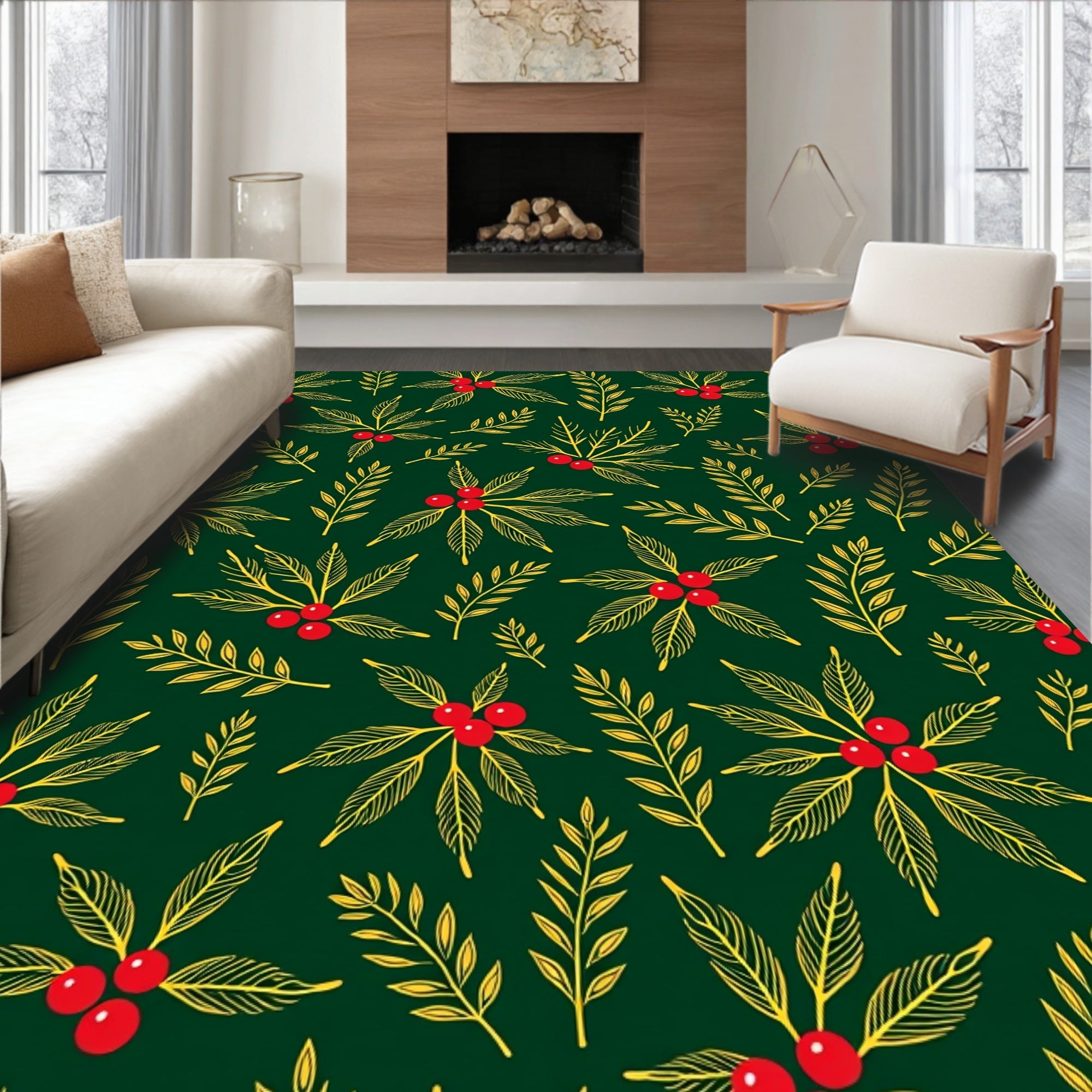 Emerald Green Holly Berry Branches Rug