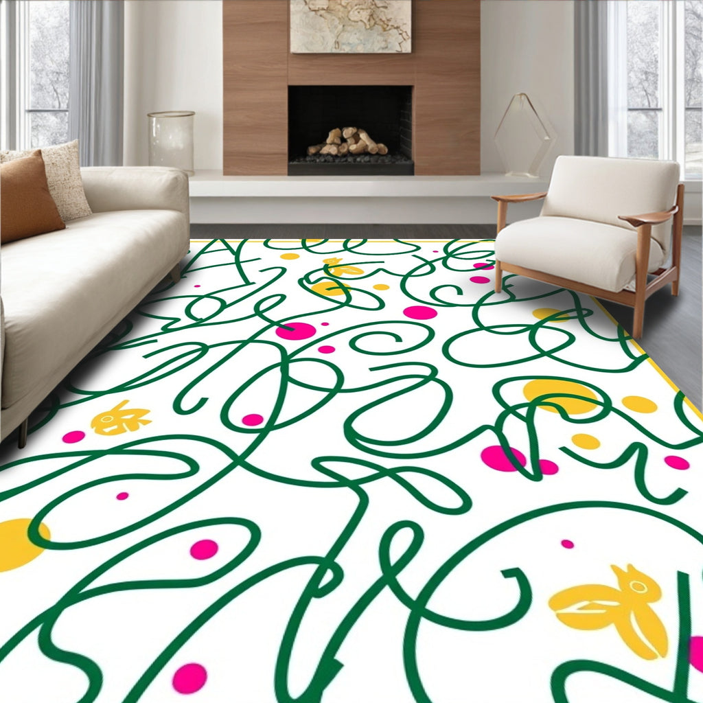 Whimsical Yellow Bird Green Swirl Rug