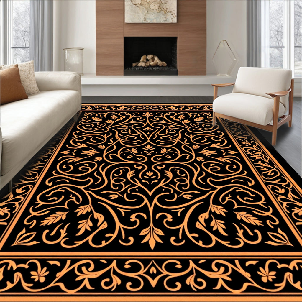 Orange Floral Scrollwork Black Rug
