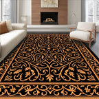 Orange Floral Scrollwork Black Rug