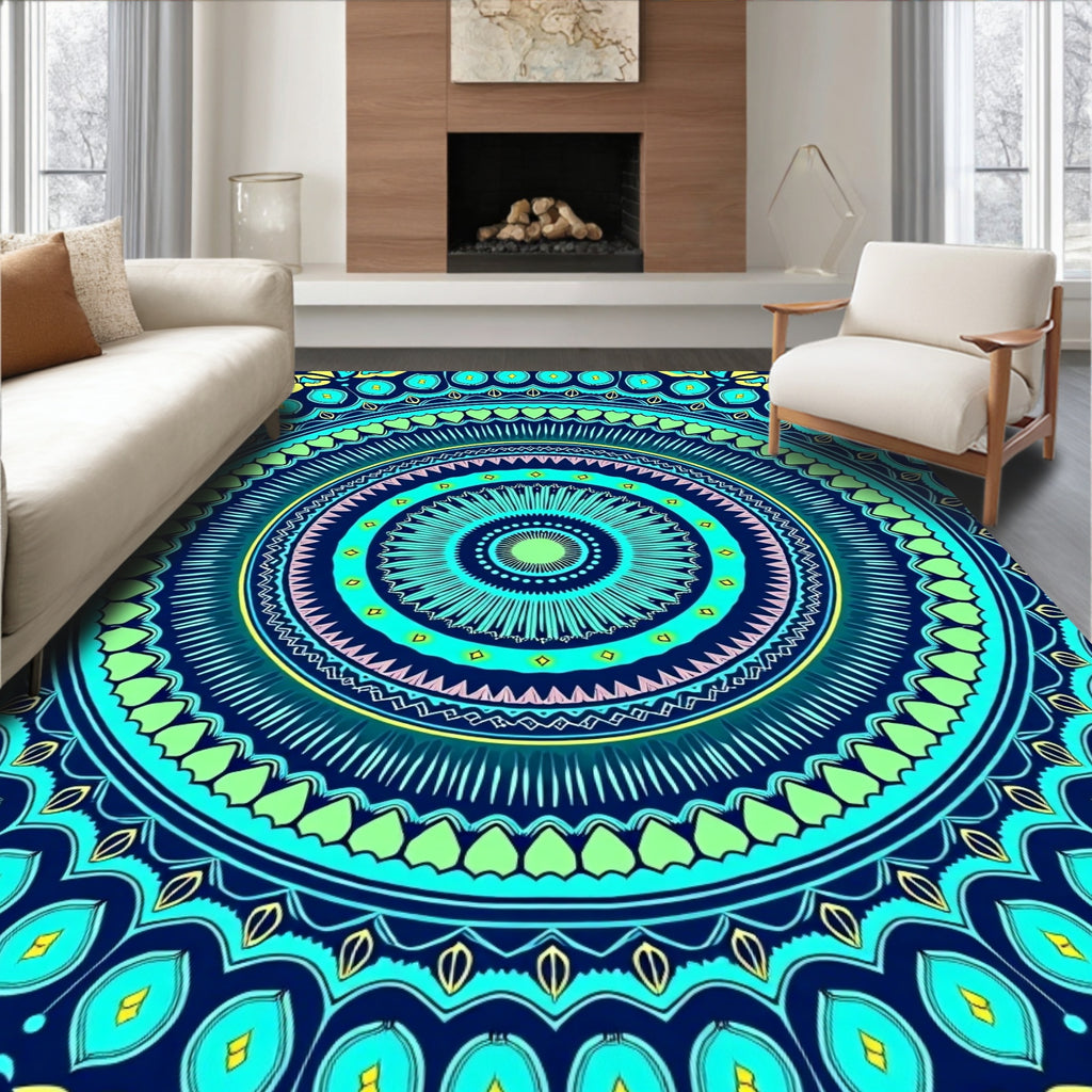 Vibrant Teal Blue Mandala Medallion Rug