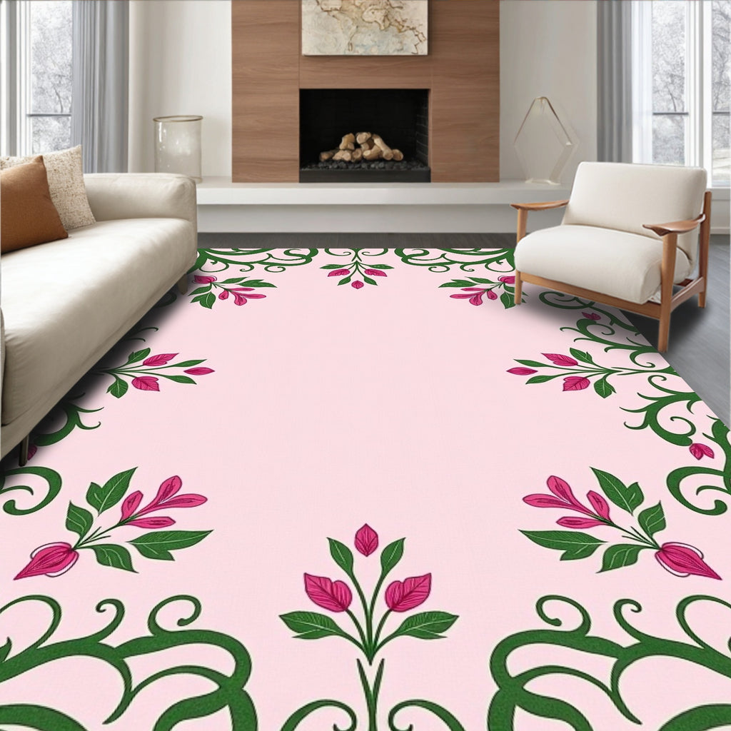 Pink Green Floral Swirl Vine Rug