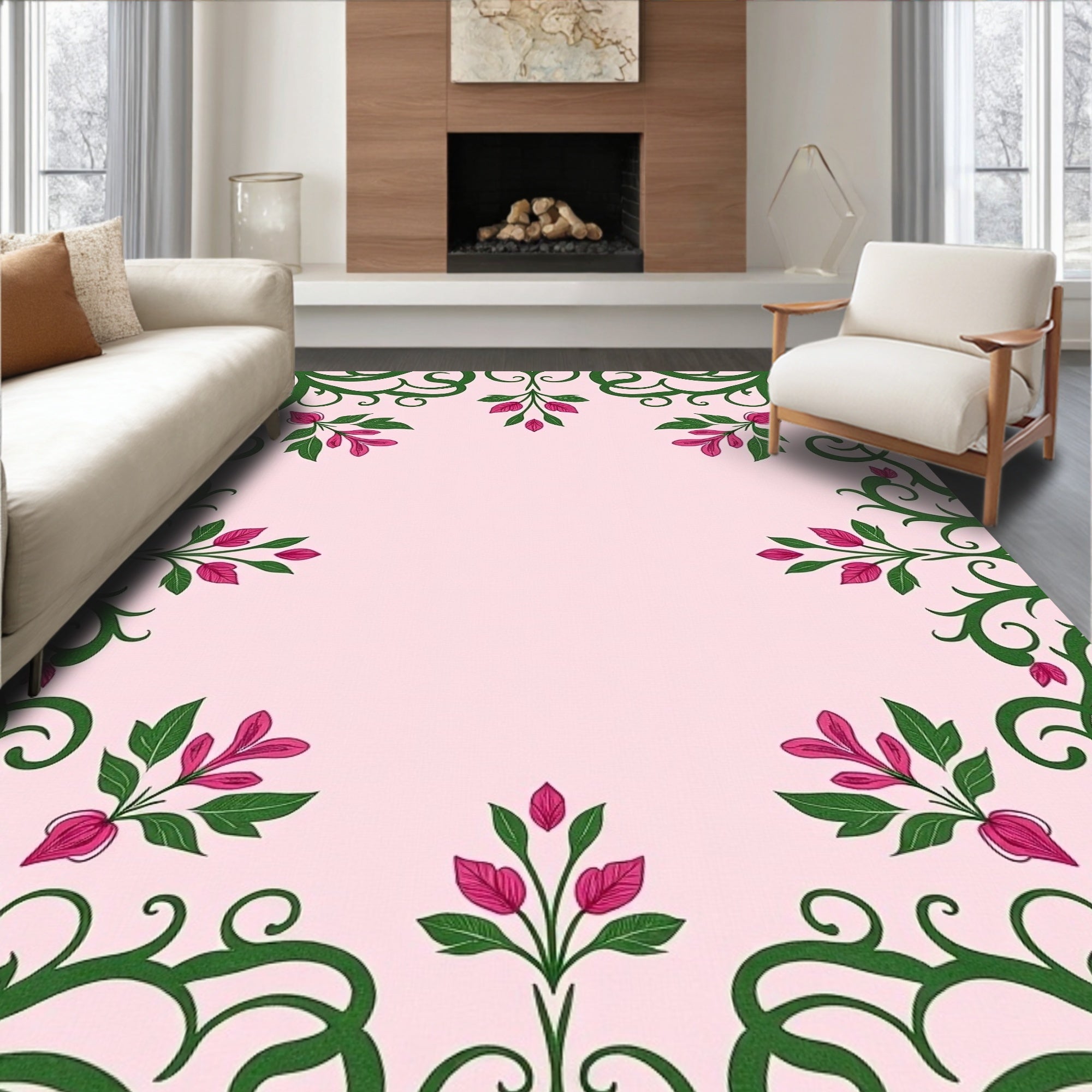 Pink Green Floral Swirl Vine Rug