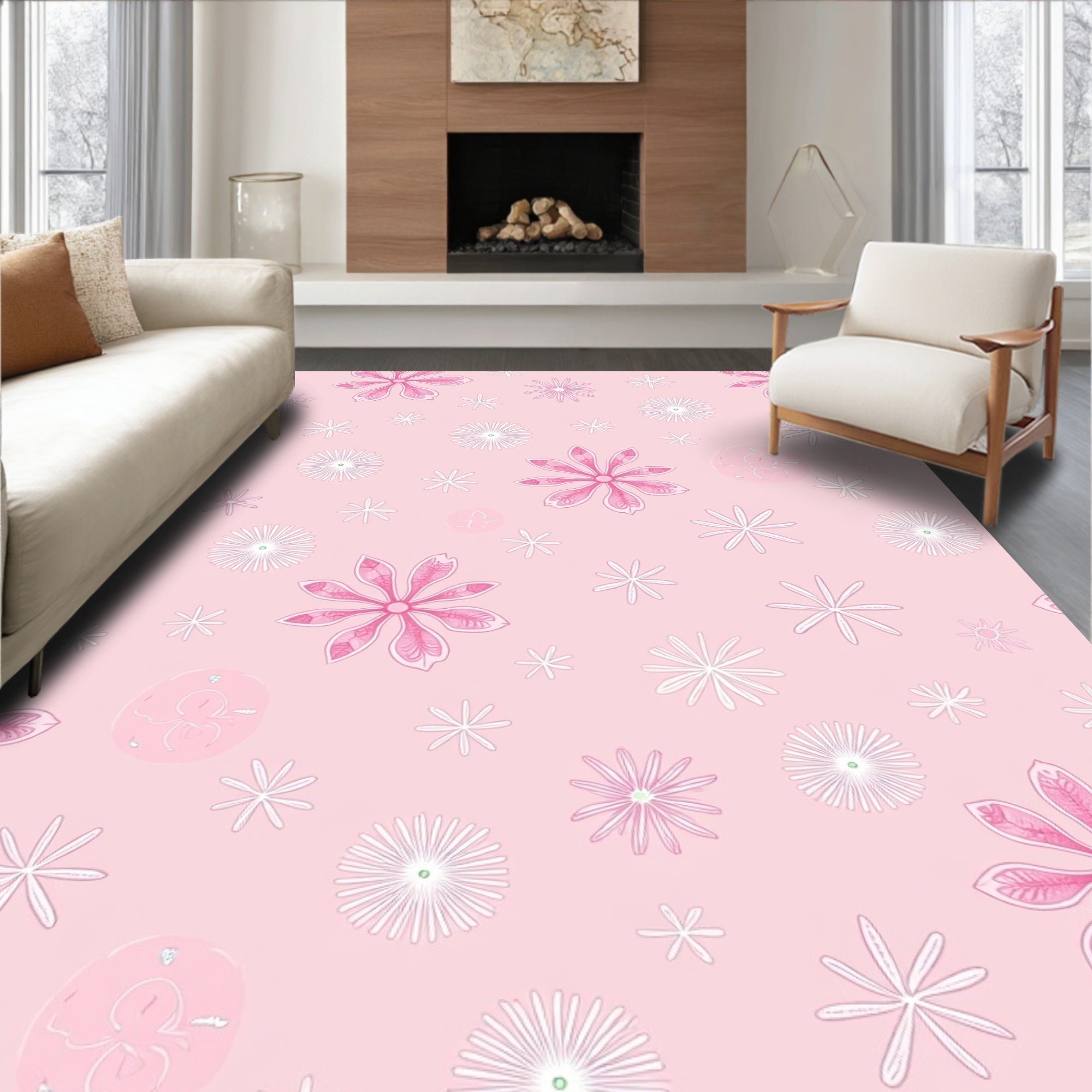 Soft Pink Floral Scatter Rug