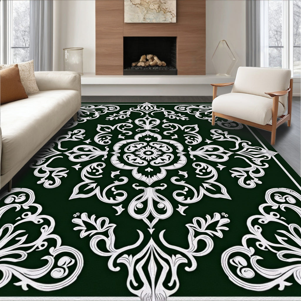 Dark Emerald White Classical Scrollwork Rug