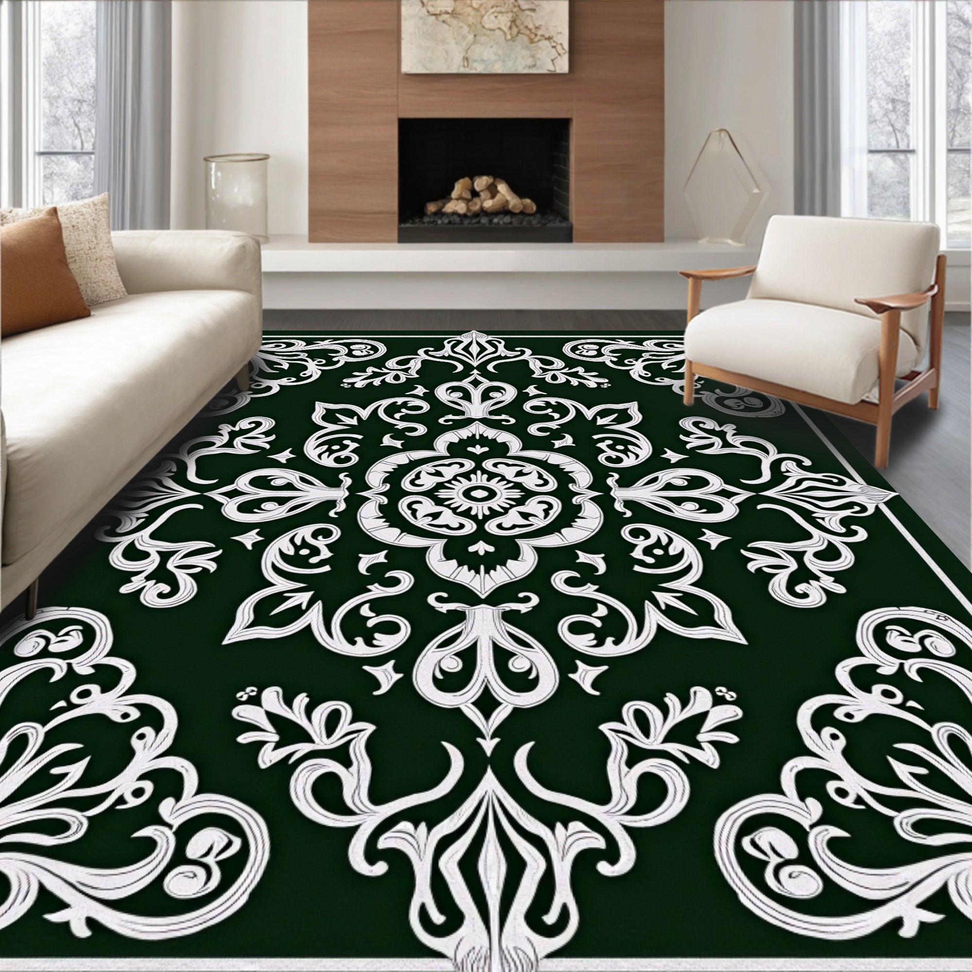 Dark Emerald White Classical Scrollwork Rug