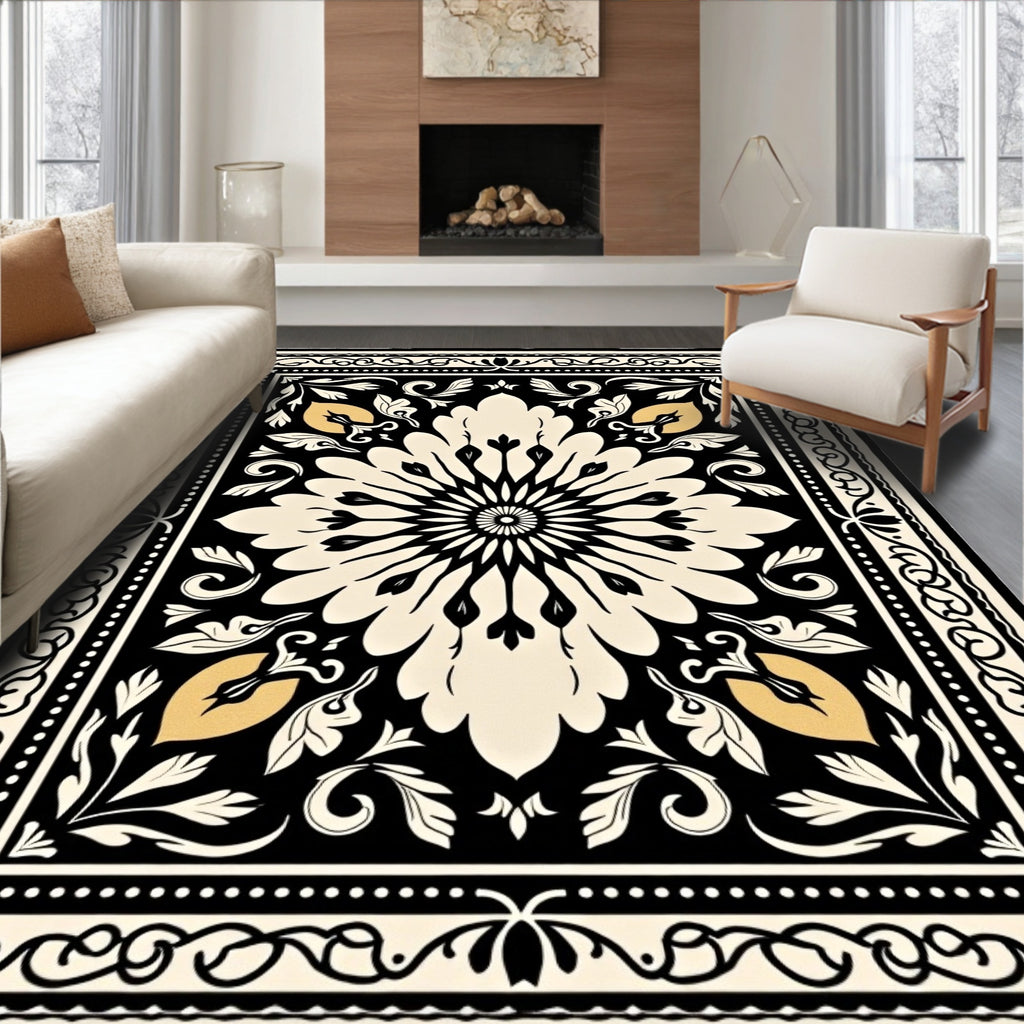 Cream Black Floral Medallion Rug
