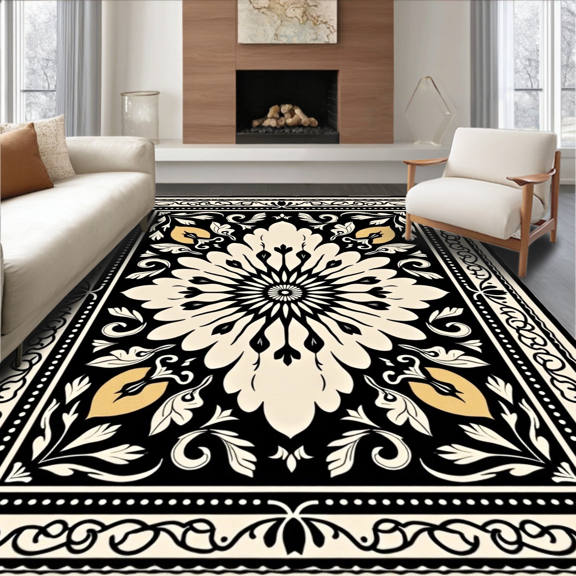 Cream Black Floral Medallion Rug
