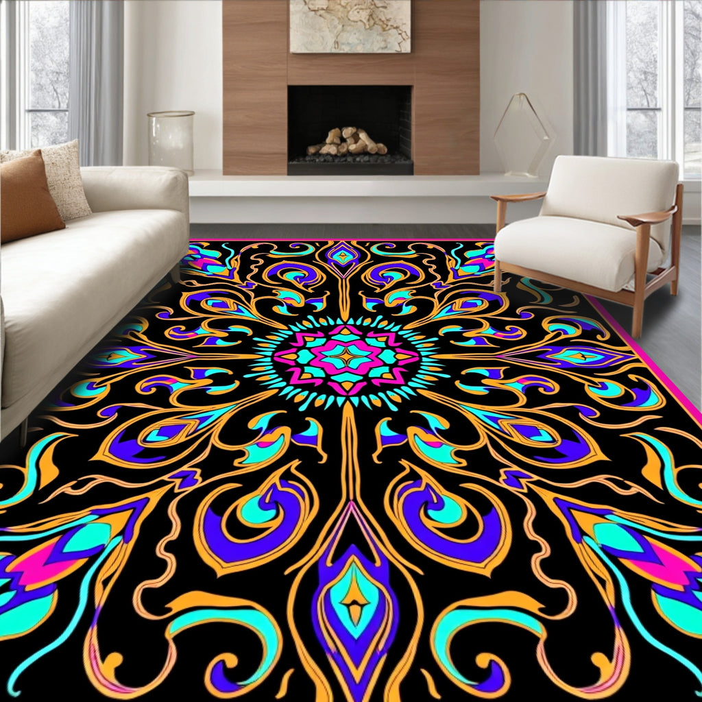 Vibrant Black Floral Medallion Rug