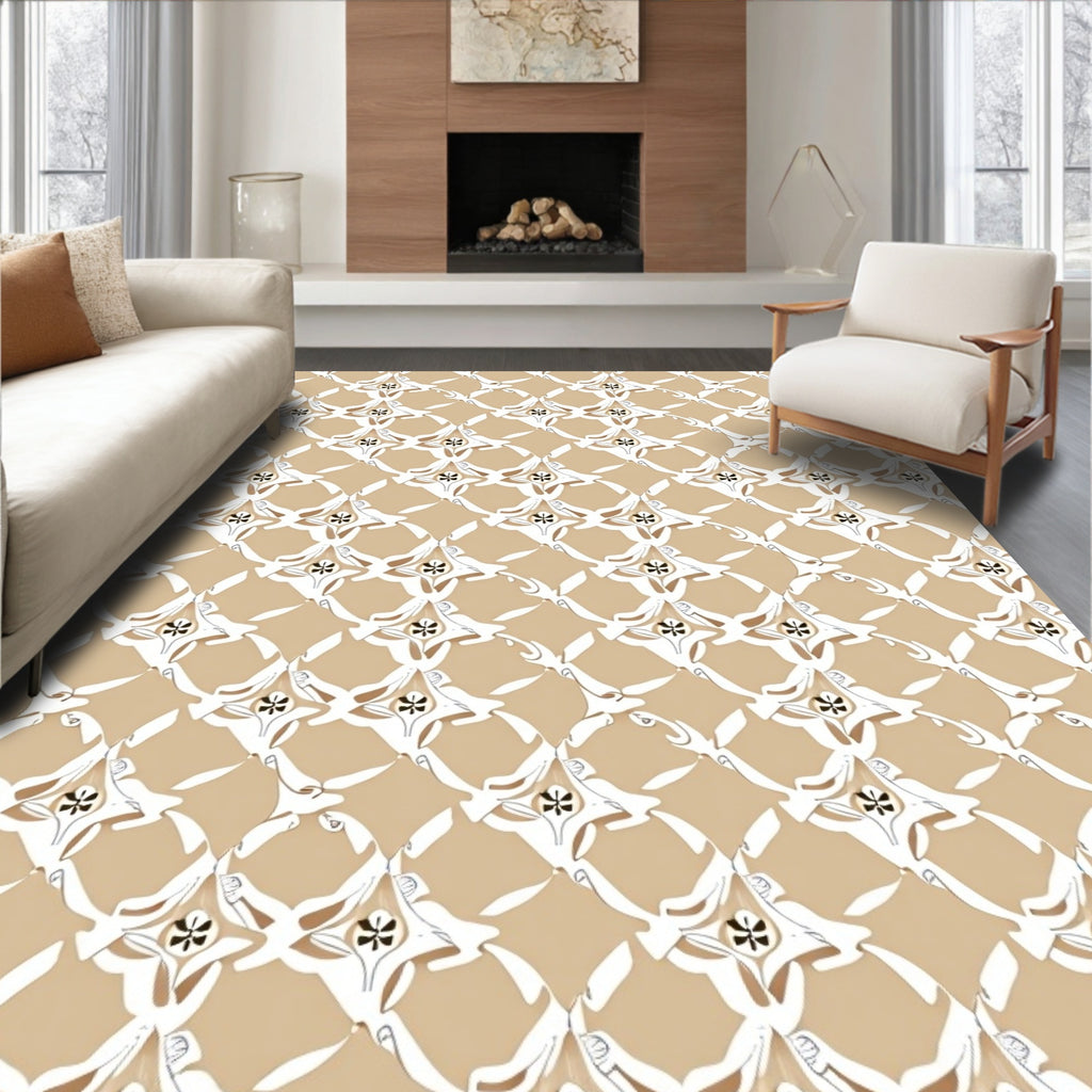 Neutral Taupe Lattice Floral Medallions Rug