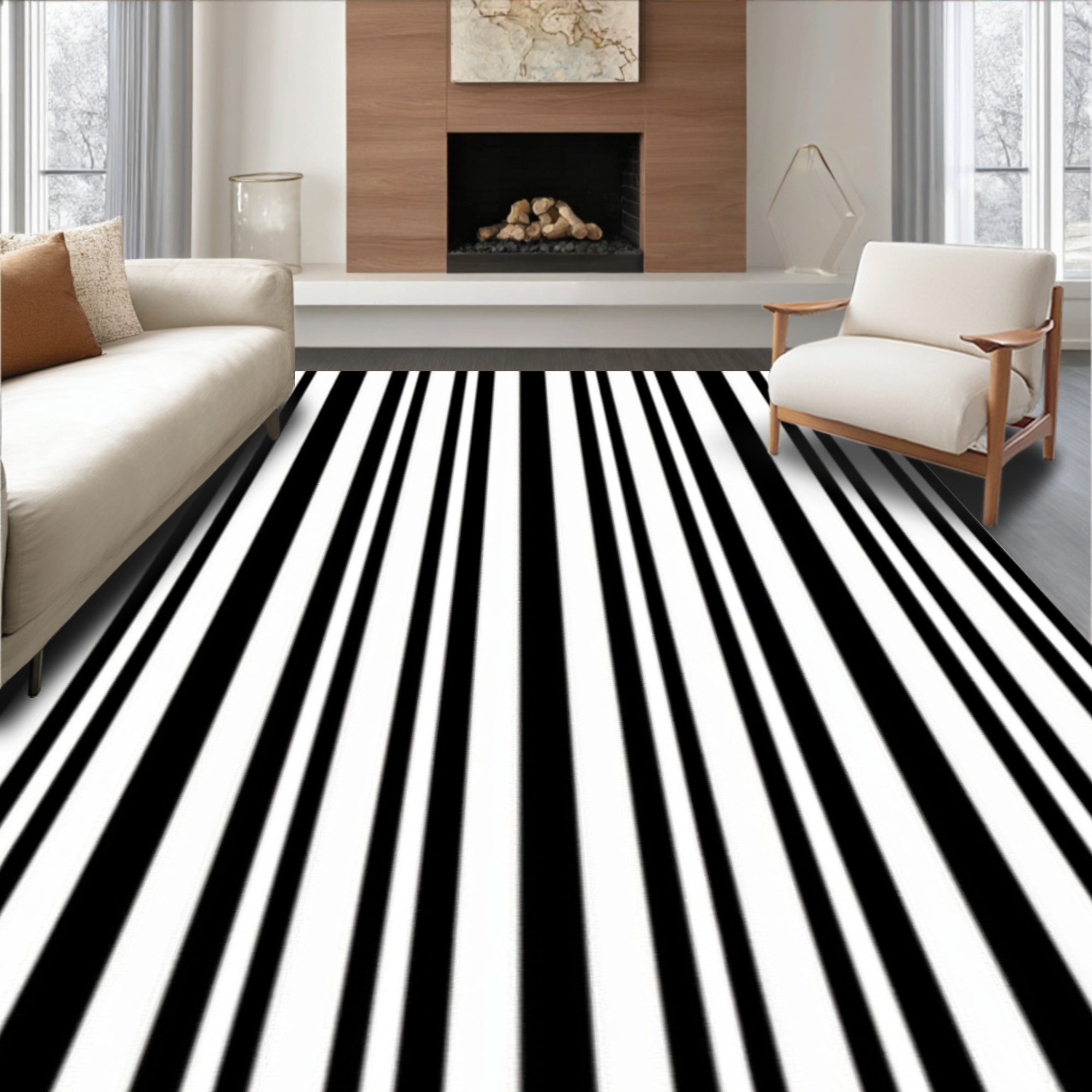 Classic Black White Vertical Stripe Rug