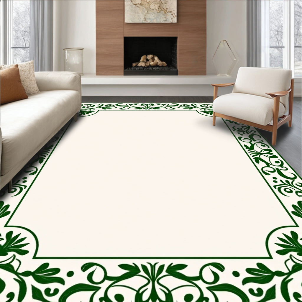 Green Floral Vine Scroll Border Rug