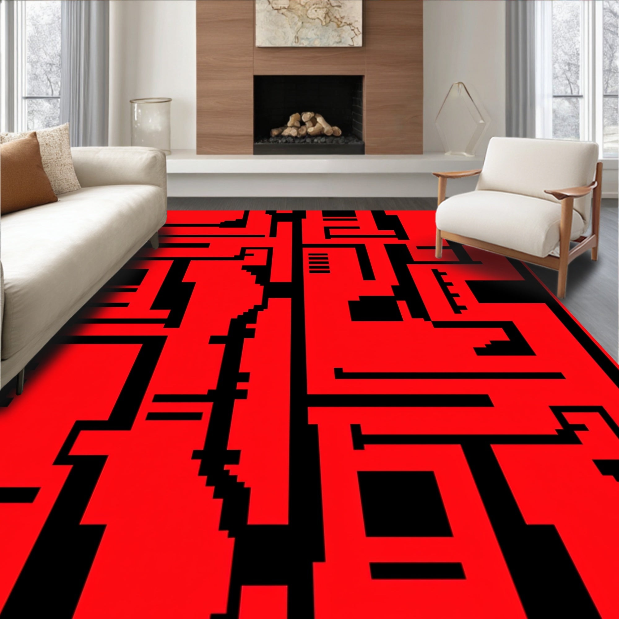 Bold Crimson Labyrinth Blocks Rug