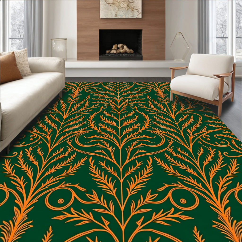 Emerald Orange Scrolling Vine Art Rug