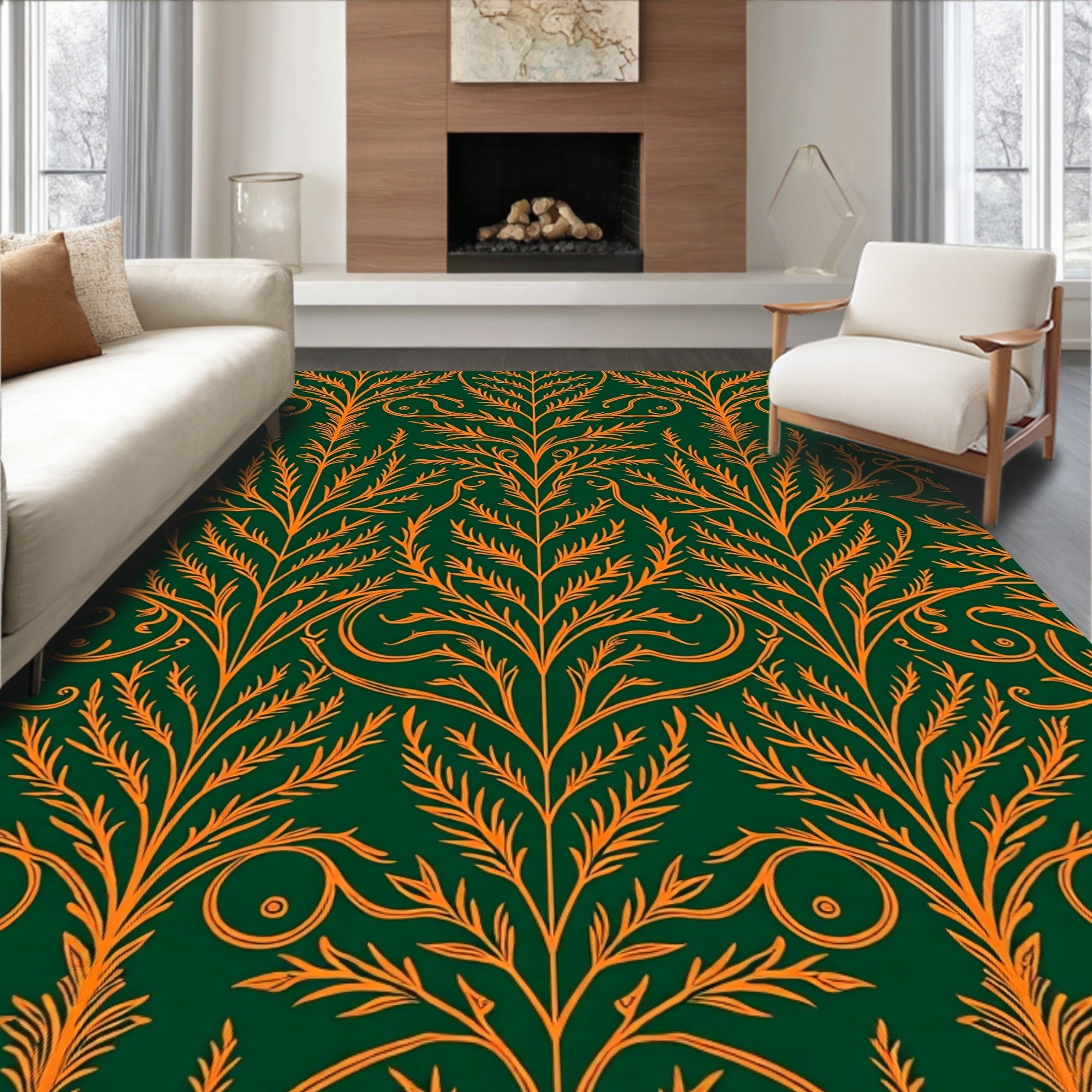 Emerald Orange Scrolling Vine Art Rug