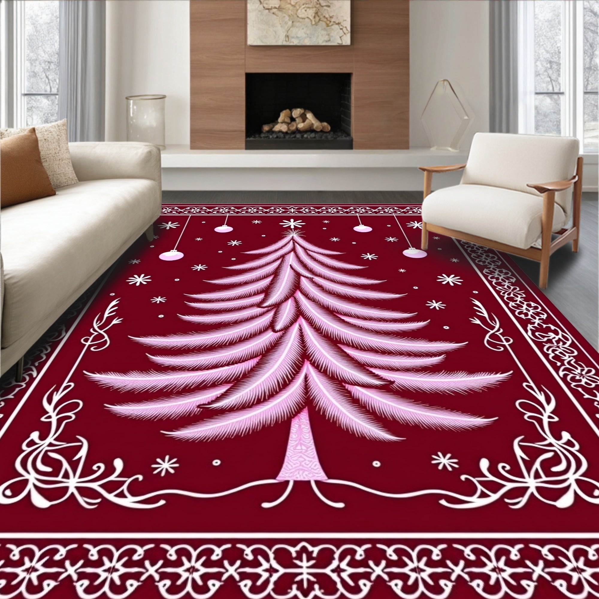Crimson Feather Christmas Tree Ornaments Rug
