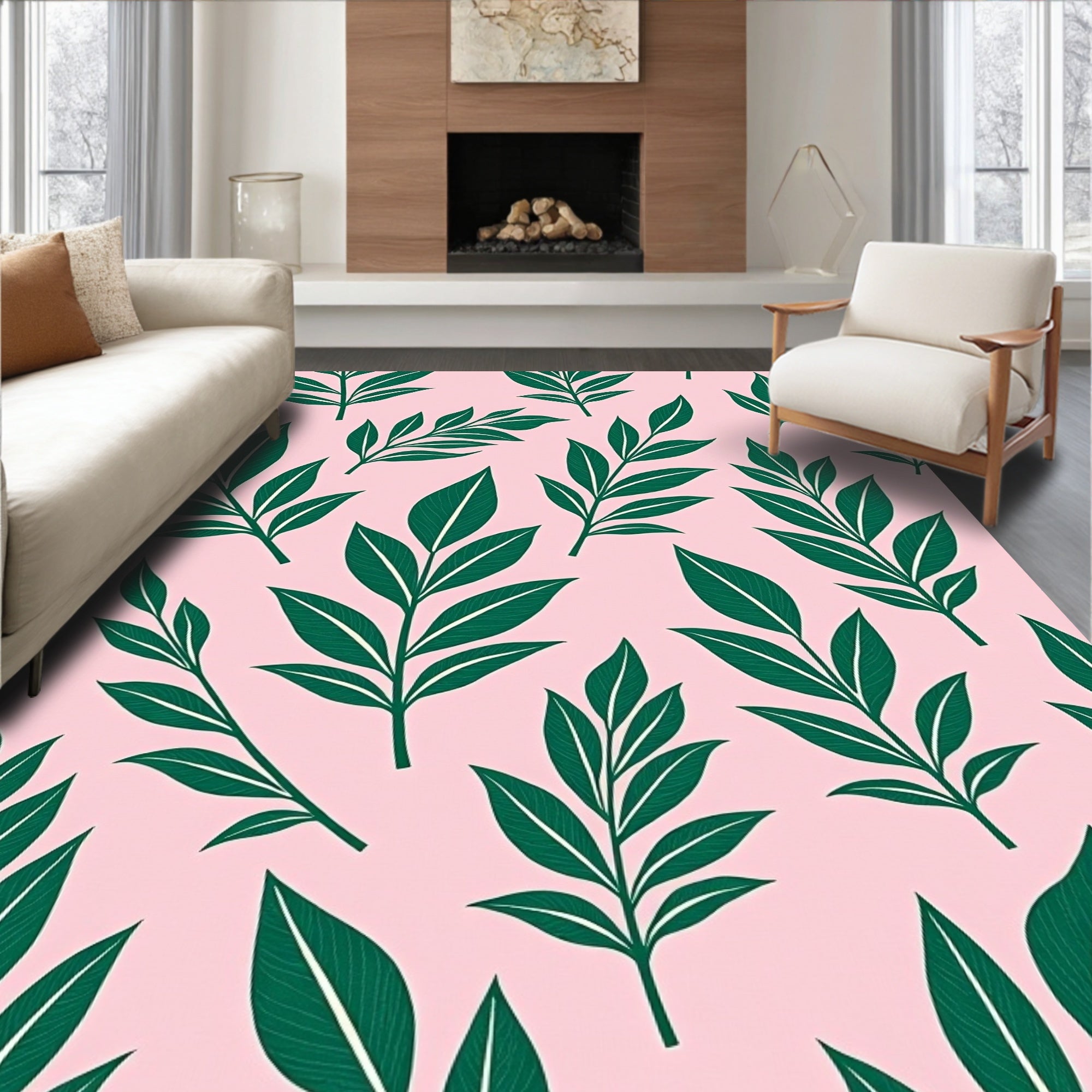 Emerald Green Leafy Branches Pink Background Rug