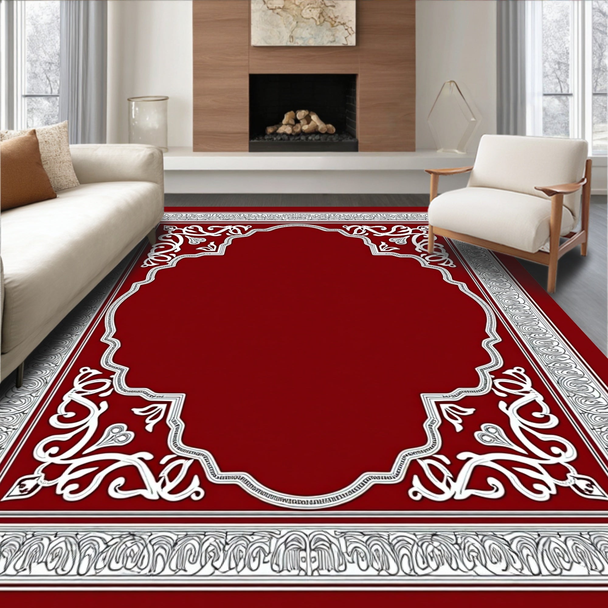 Crimson White Floral Arch Frame Rug