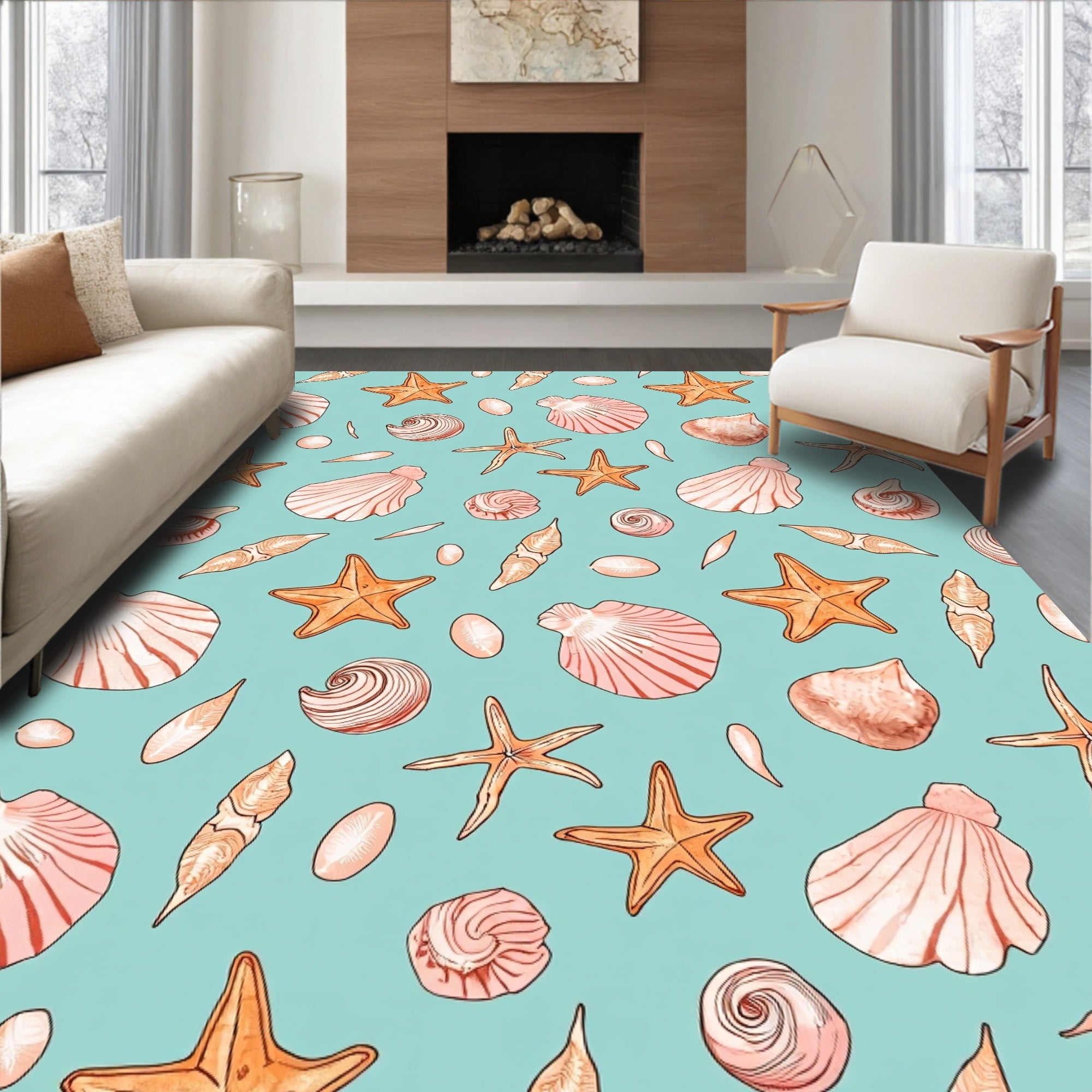 Orange Starfish Seashell Coastal Collage Rug