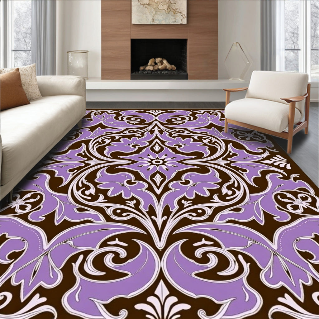 Ornate Lavender Floral Brown Medallion Rug