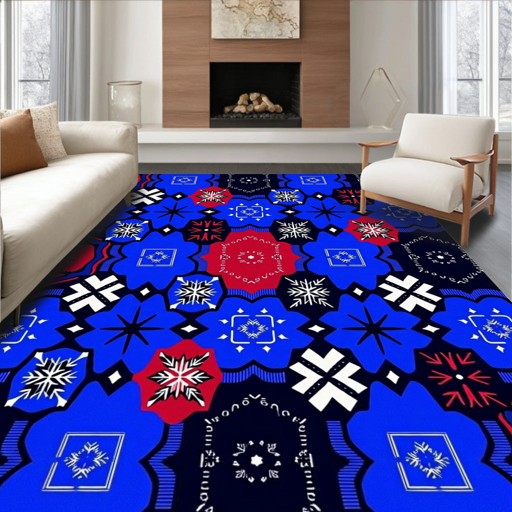 Bold Blue Red Geometric Floral Medallion Rug