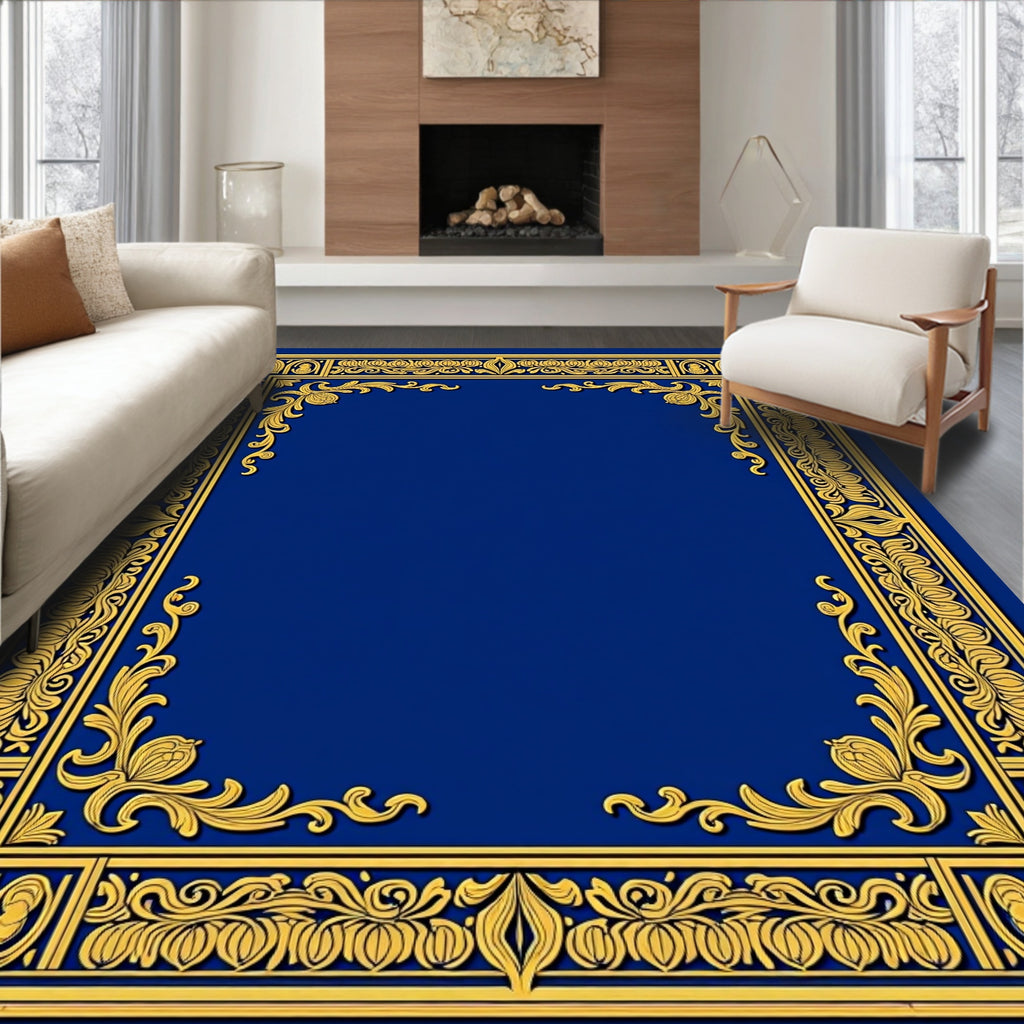 Ornate Gold Blue Floral Border Rug