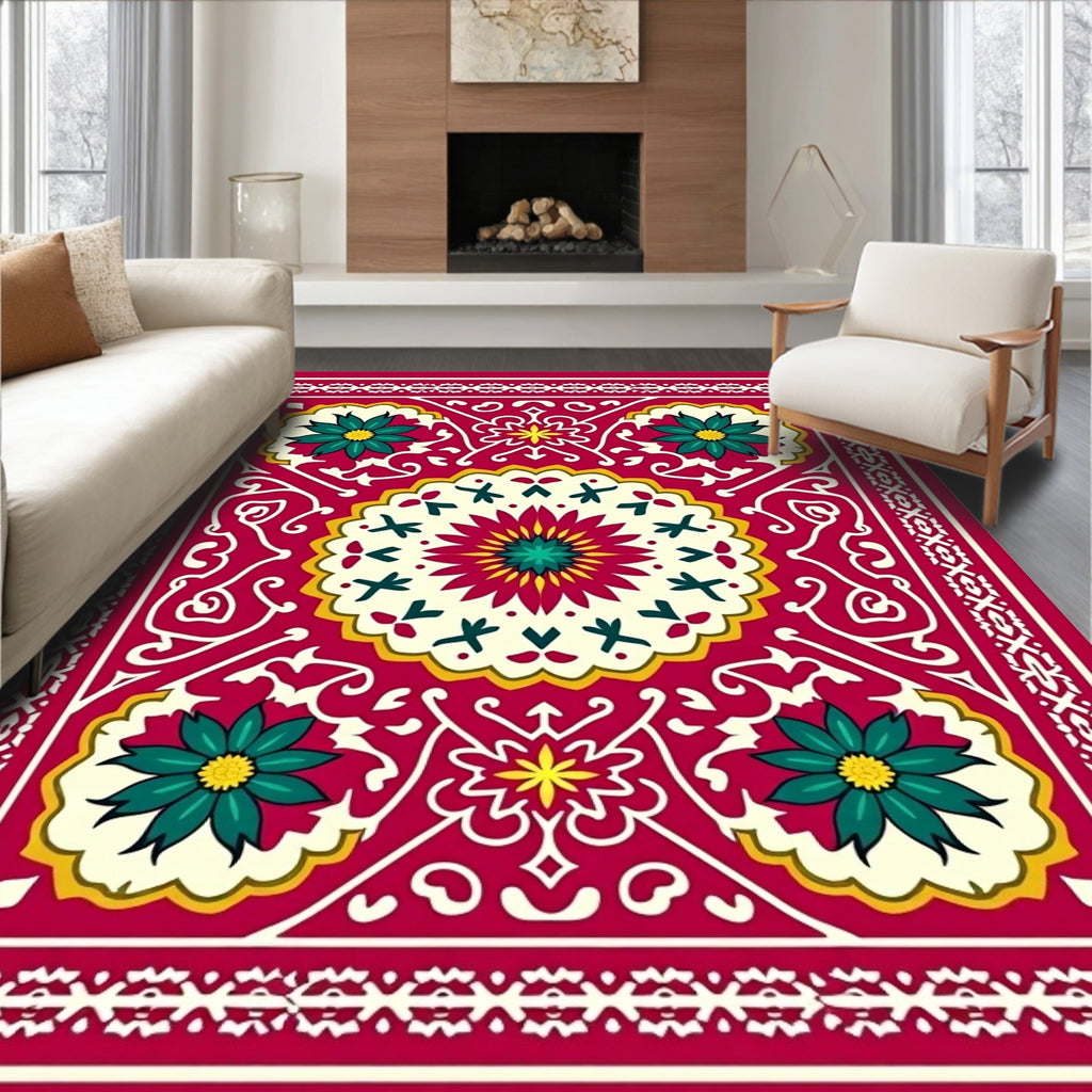 Crimson Teal Floral Medallion Border Rug