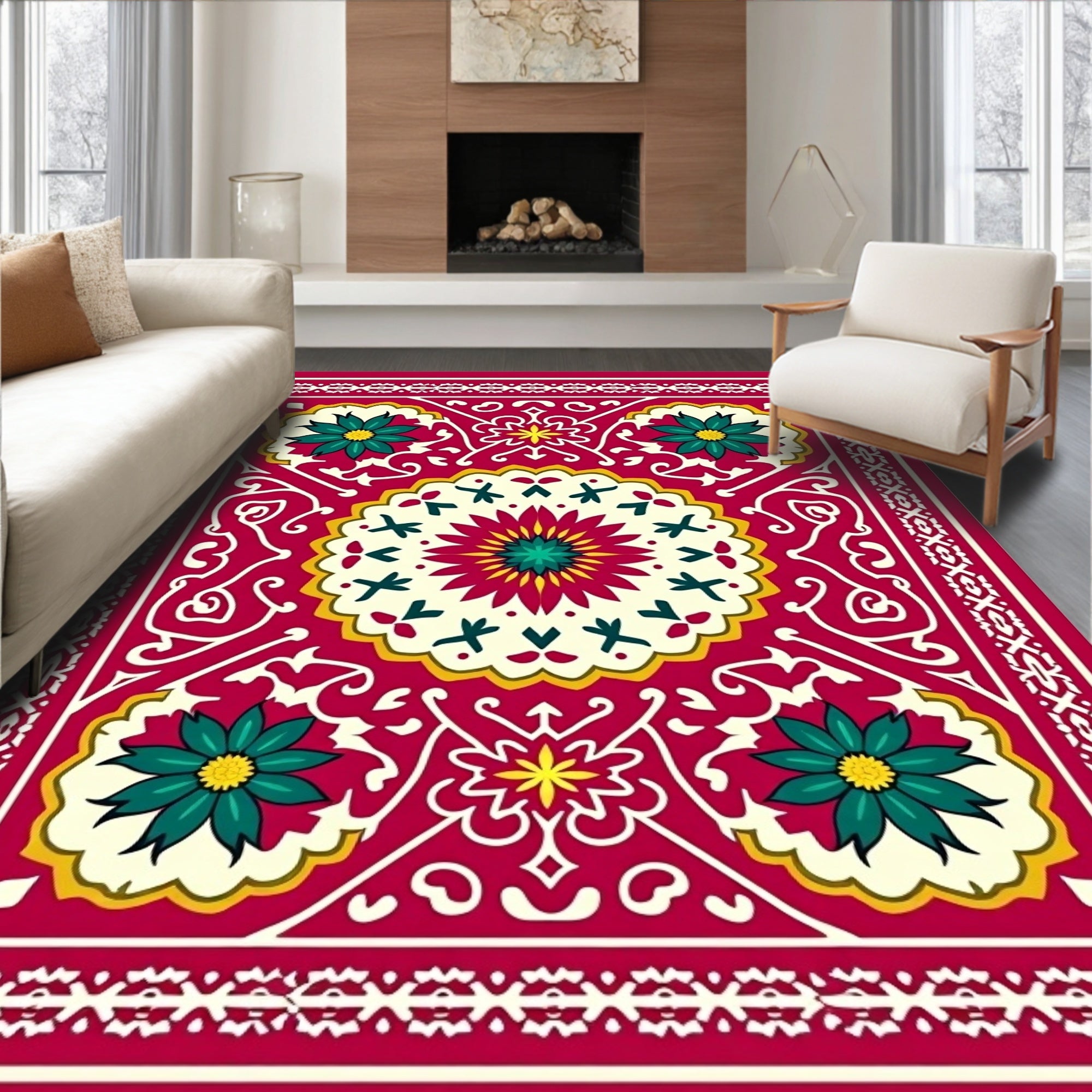 Crimson Teal Floral Medallion Border Rug