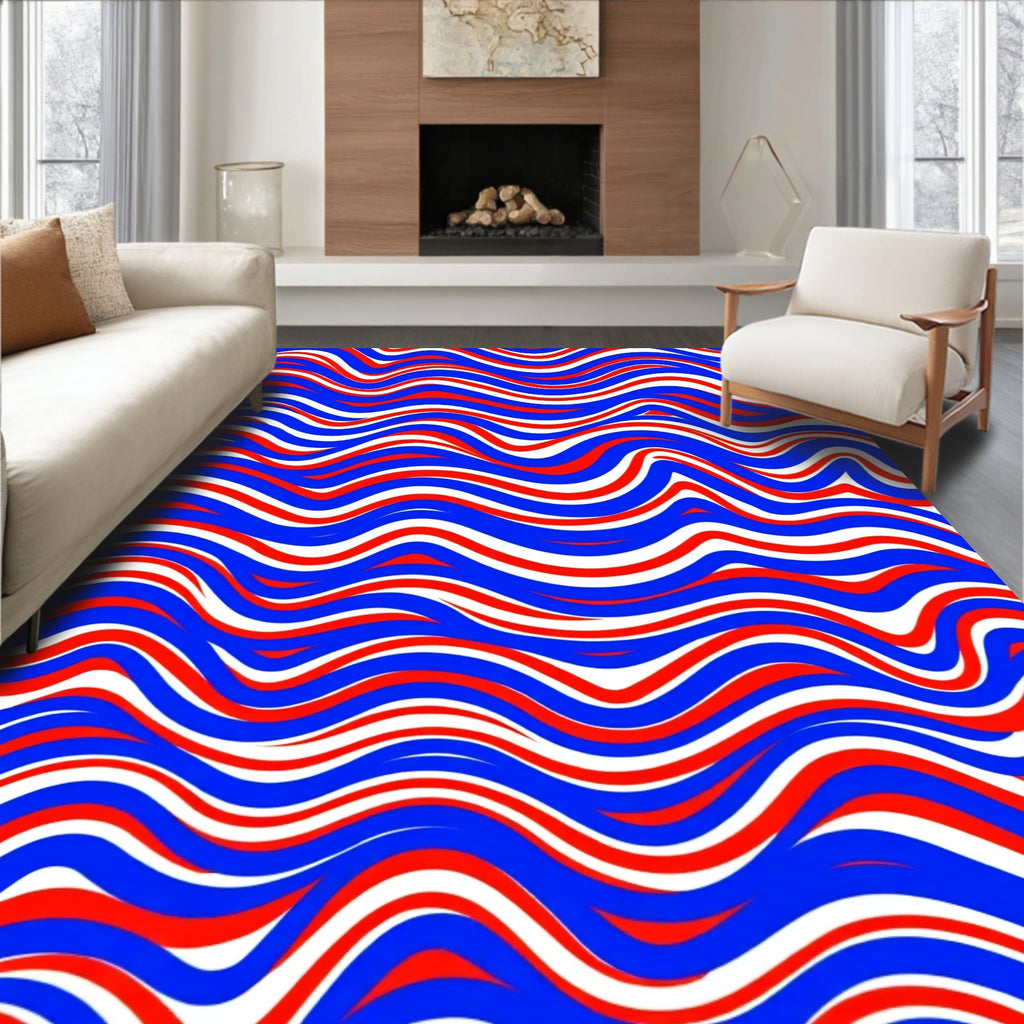 Vibrant Red White Blue Wavy Stripes Rug