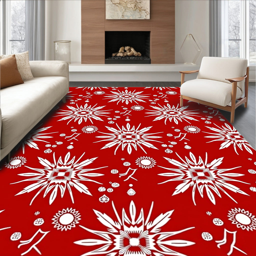 Crimson White Exploding Starburst Arrangement Rug