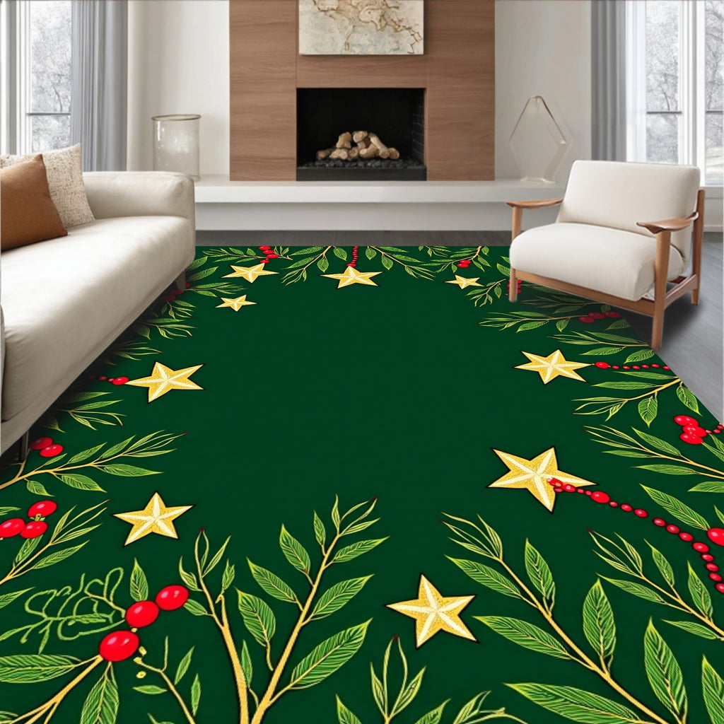 Green Red Gold Star Foliage Garland Rug
