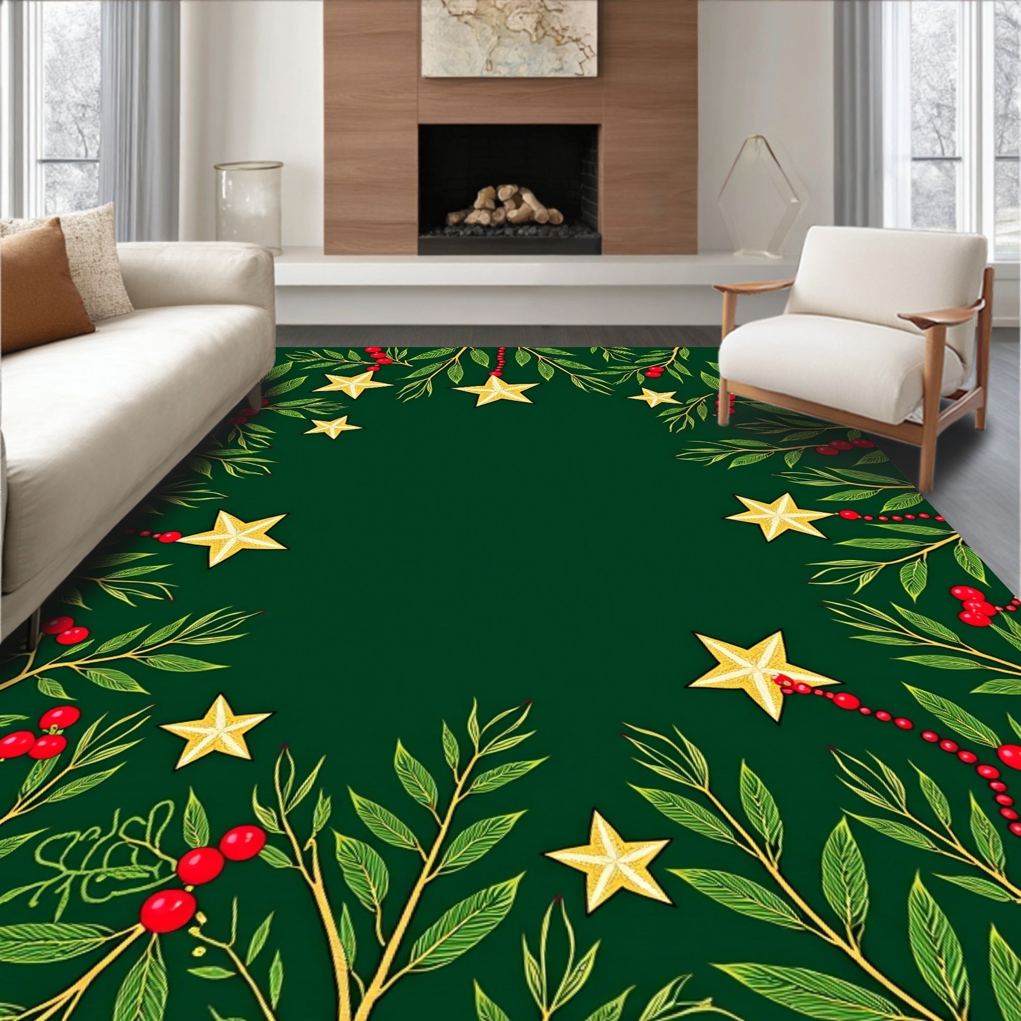 Green Red Gold Star Foliage Garland Rug
