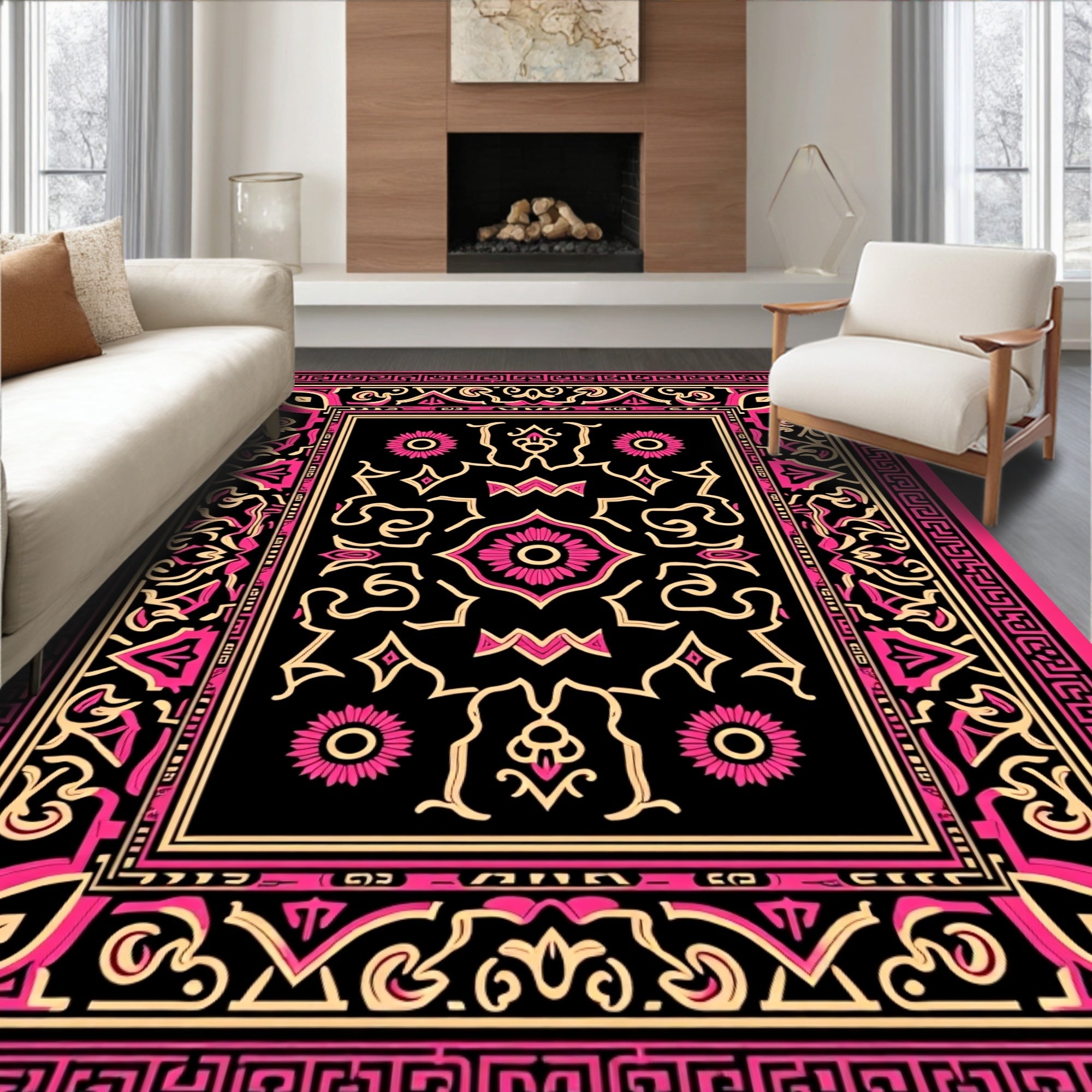 Black Pink Floral Geometric Border Rug