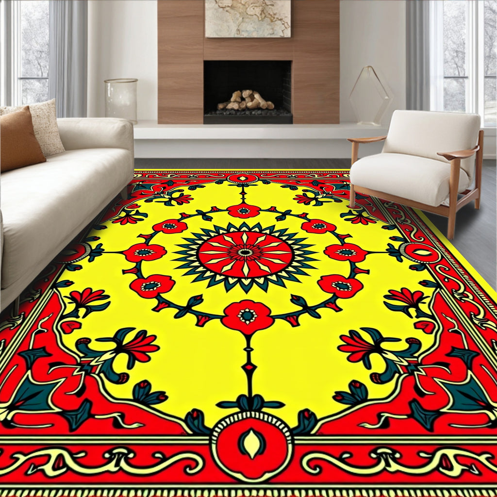 Vibrant Yellow Red Floral Medallion Rug