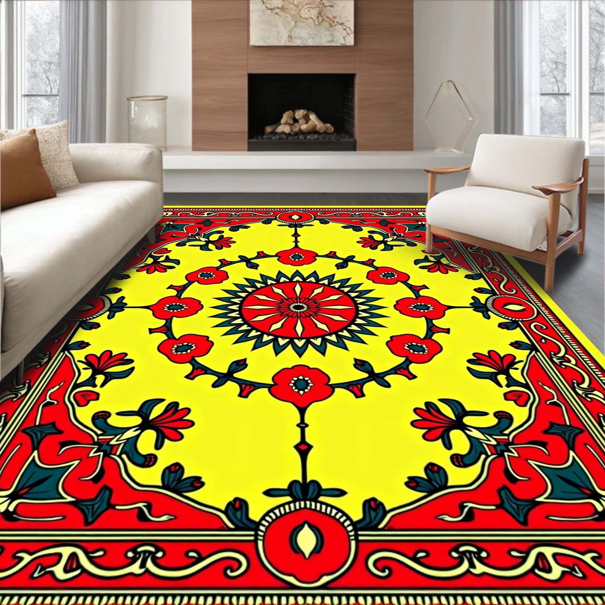 Vibrant Yellow Red Floral Medallion Rug