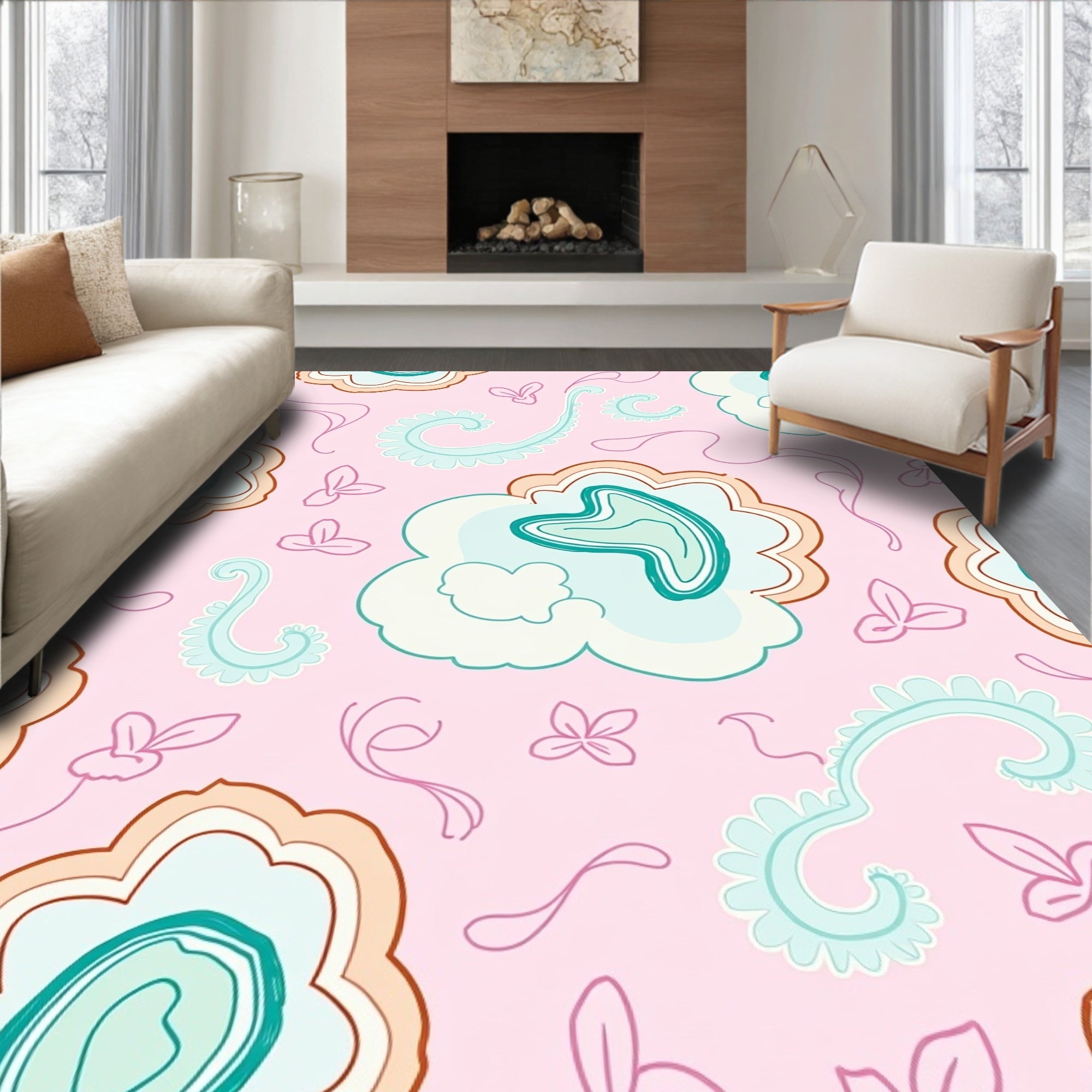 Pink Teal Floral Swirl Scatter Rug