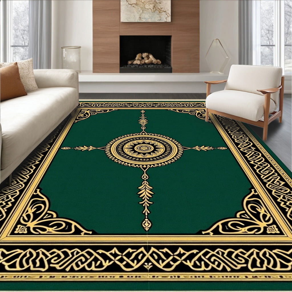 Emerald Green Golden Medallion Border Rug