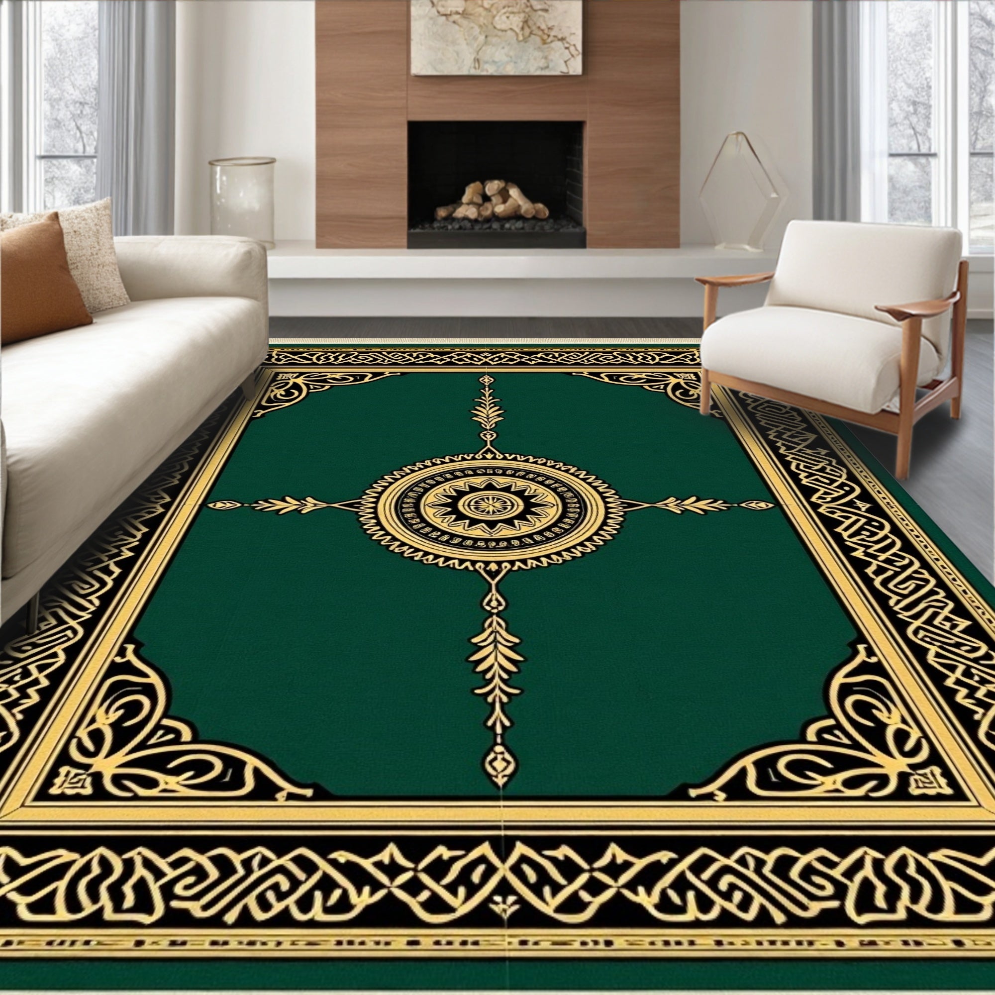 Emerald Green Golden Medallion Border Rug