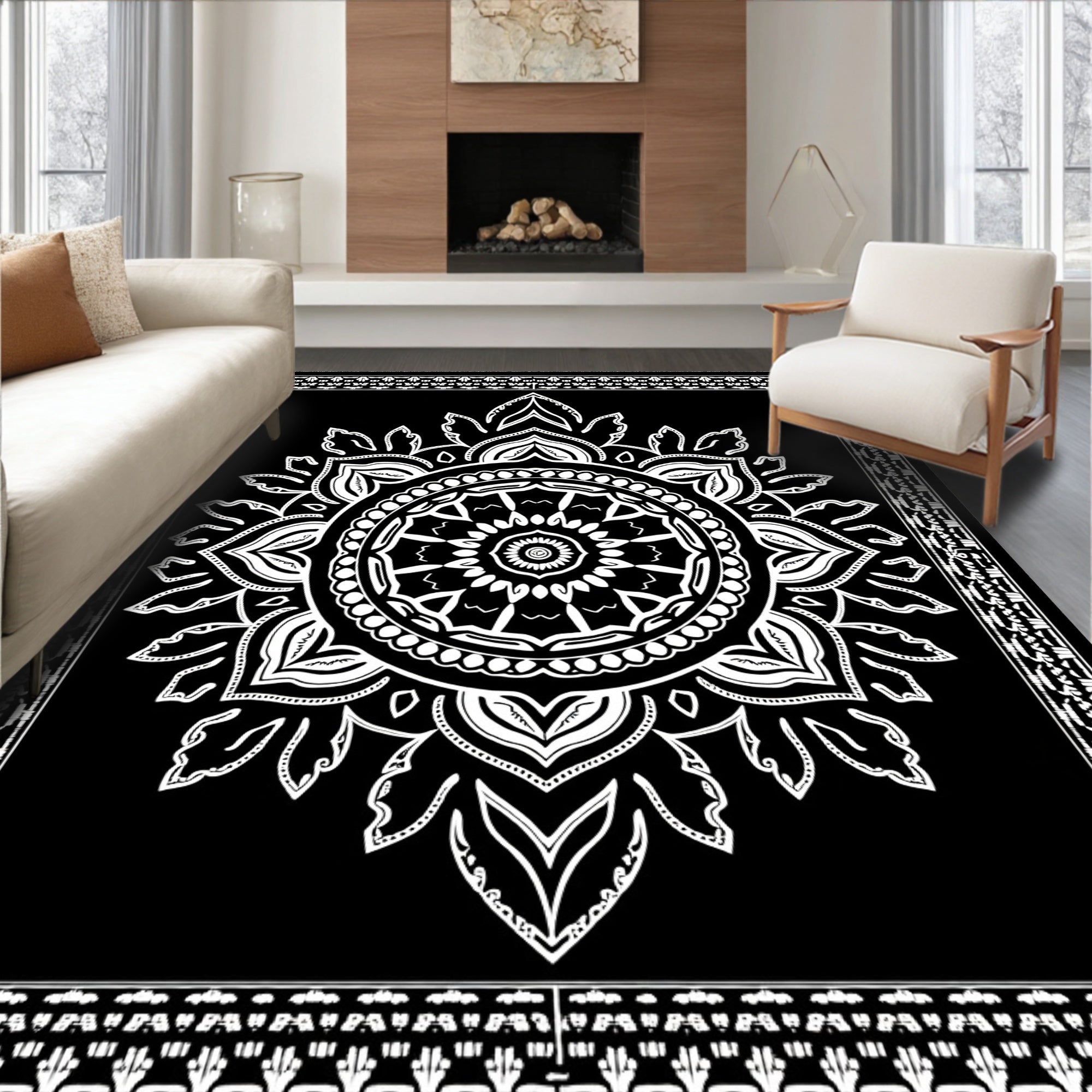 Black White Intricate Mandala Bloom Rug