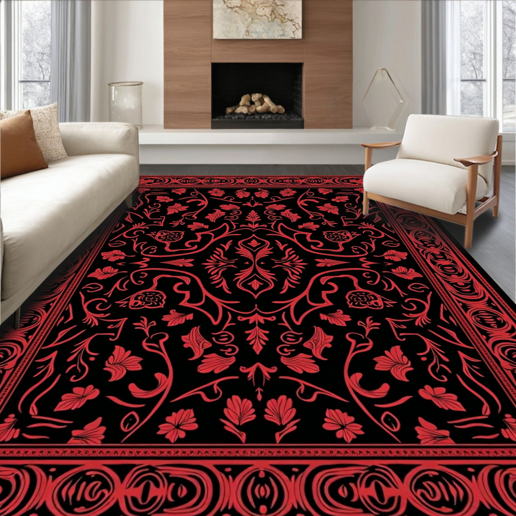Rich Red Floral Scroll Border Rug