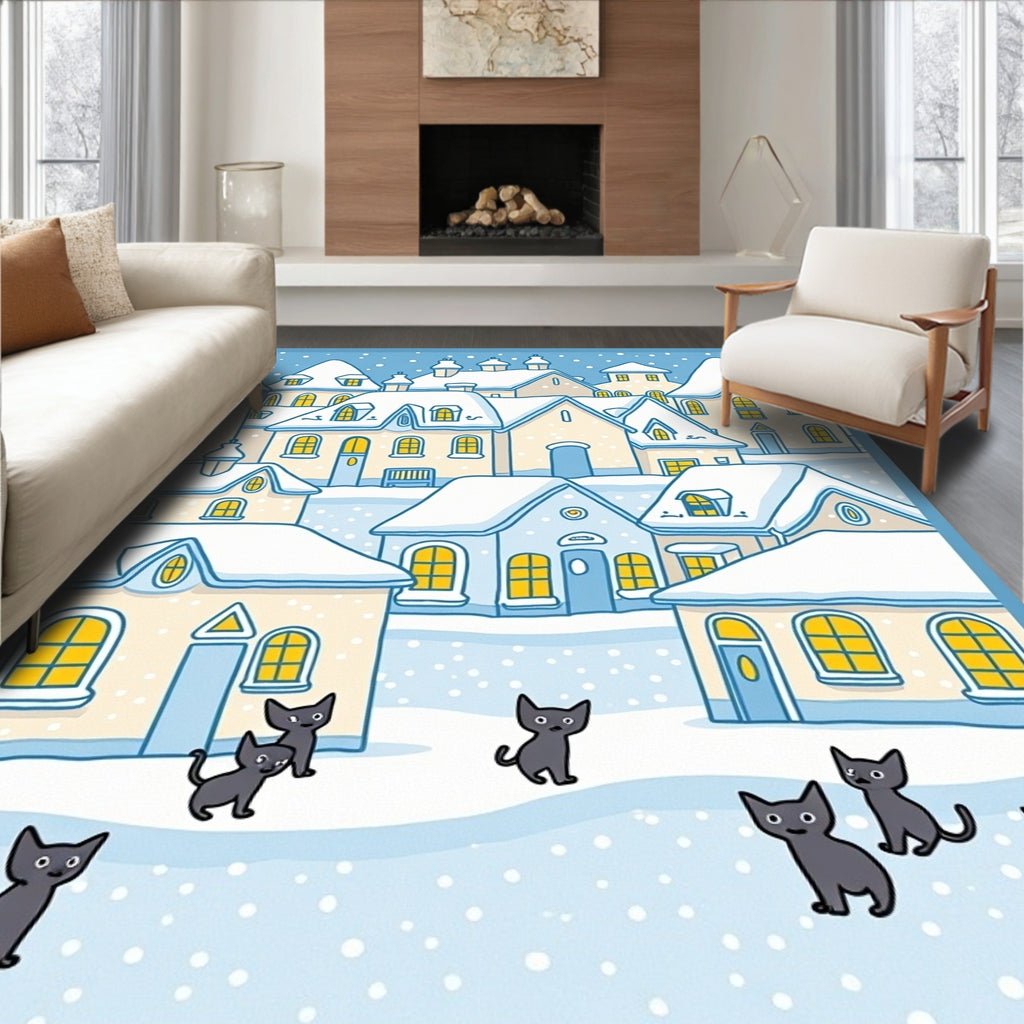Whimsical Snow Village Cats Rug