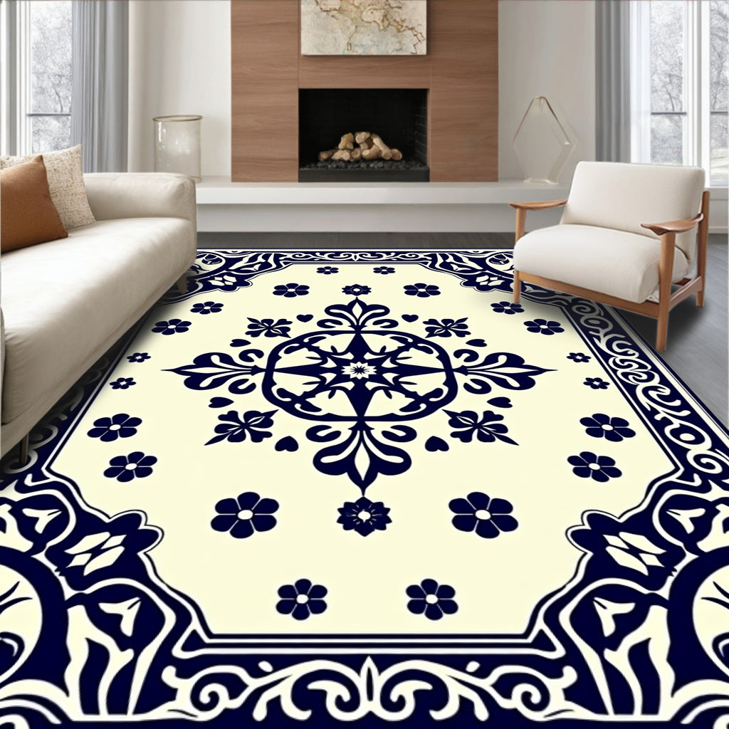 Navy Floral Medallion Cream Border Rug