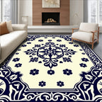 Navy Floral Medallion Cream Border Rug